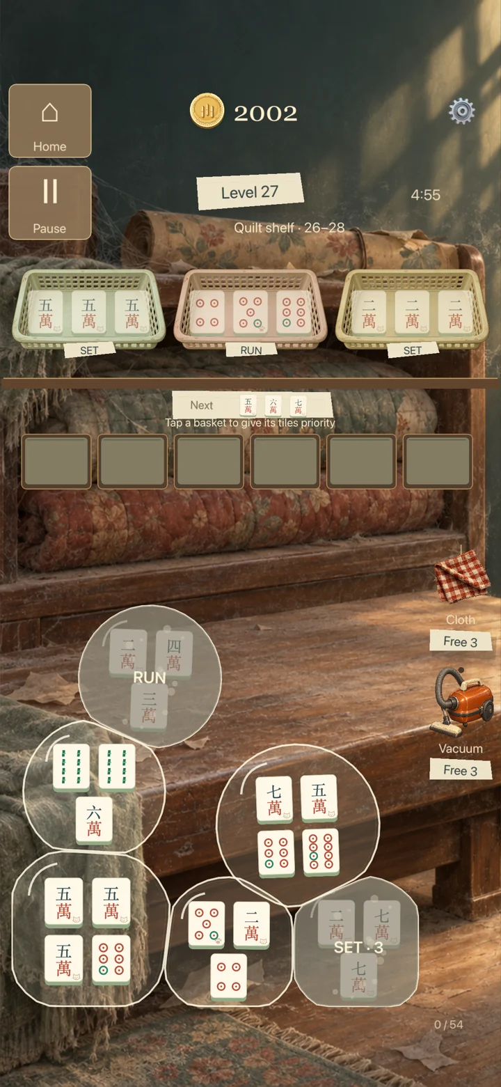 Mahjong tiles being sorted into sets and runs on an old quilt shelf